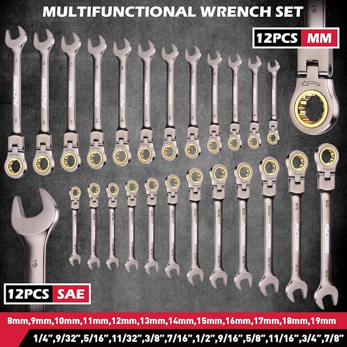 Premium 24-Piece Flex-Head Ratchet Wrenches Set with Magnetic Organizers, Metric SAE 8-19mm 1/4"-7/8", Cr-V Ratcheting Wrenches with 72 Teeth 180° Flex Head, Ratchet Combination Wrench Set for Repair