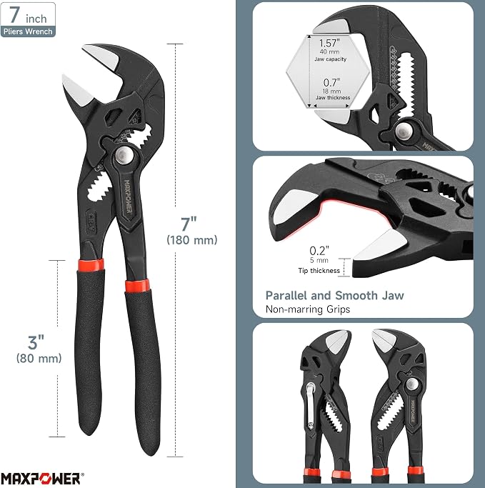 MAXPOWER 7" 10" inch Pliers Wrench, 1.57" & 2" Jaw, Smooth Parallel Jaws