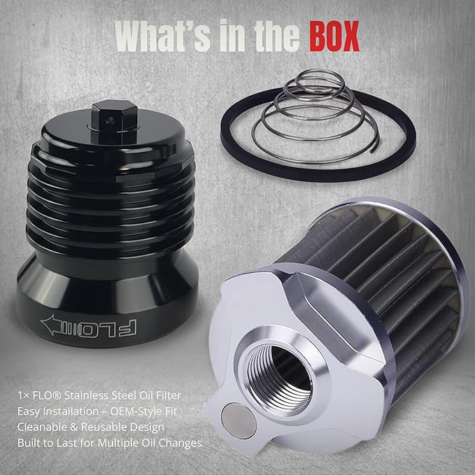 PC Racing FLO PCS4BC Reusable Harley Oil Filter Black Spin-On | Black Billet Aluminum, Magnetic Prefilter, High-Flow Stainless Mesh, Twin Cam & M8, Reusable Spin-On Filter