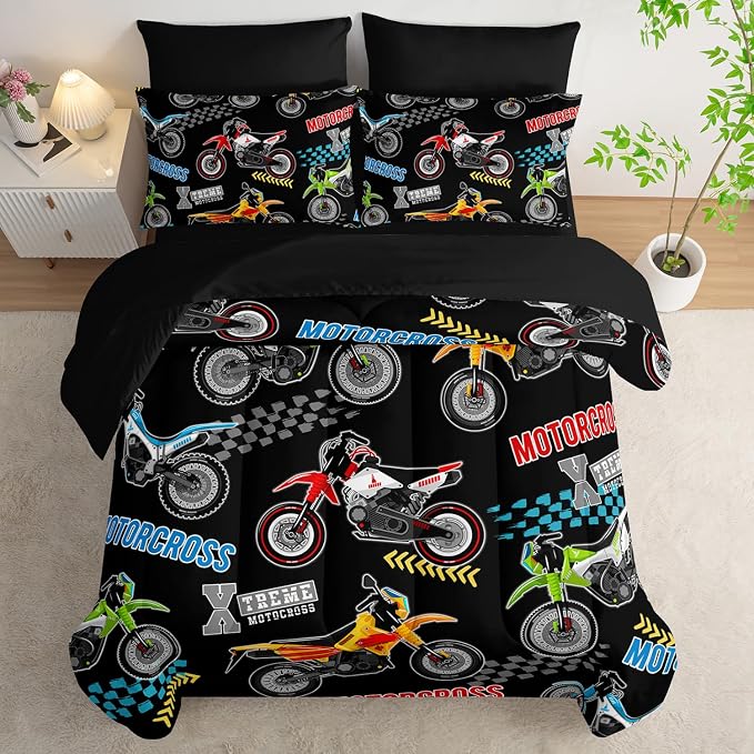 Dirt Bike Comforter Set Twin Size for Kids,Various Motocross Printed Sheet Set for Boys Teens Room Decor,7Pcs Extreme Sports Themed Bedding with Comforter,Fitted Sheet,Flat Sheet,Pillowcases.