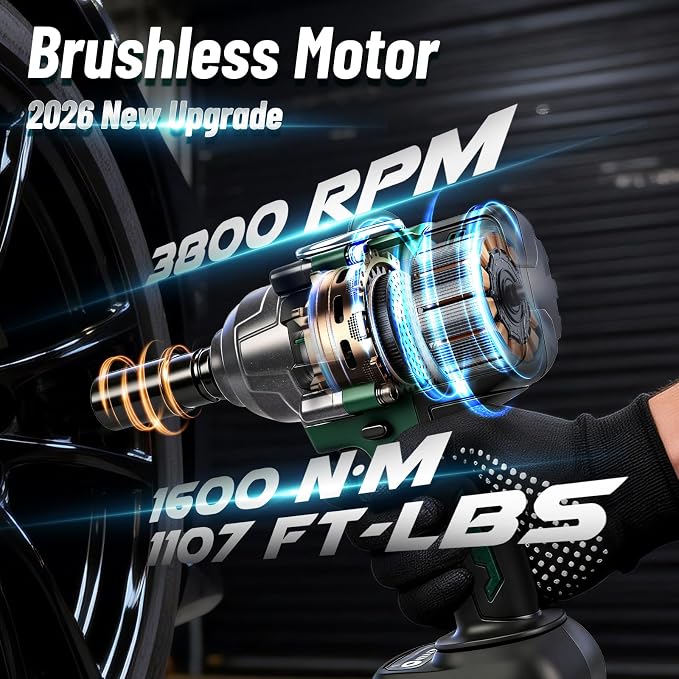 2026 Impact Wrench 1180ft-lbs(1600N.m), 1/2" Impact Gun with 2x4.0Ah Battery, 21V Cordless Impact Driver High Torque with 5 Sockets, Pistola Llave De Impacto Brushless for Truck RV Home Car