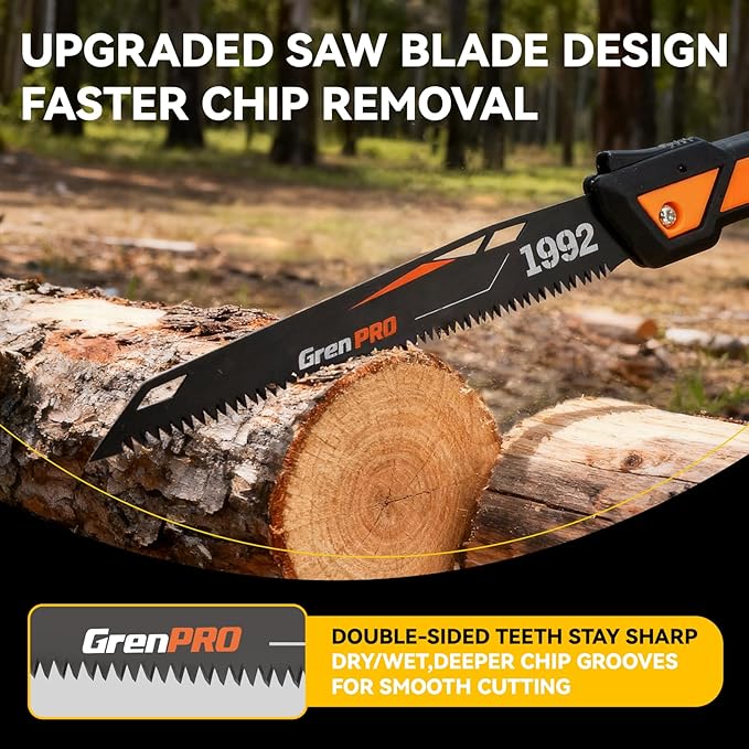 GRENPRO Folding Pruning Saw 10 Inch, SK5 Steel Blade 7 Inch, Triple-Ground 7TPI Teeth, 3-Angle Lock Non-Slip Handle, Portable Hand Saw for Tree Trimming, Camping, Gardening, Landscaping