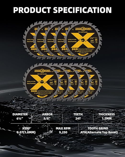 ANGELSWORD 6-1/2 Inch Circular Saw Blade for Framing, Fast Wood Cutting, 24T, 10 Pack