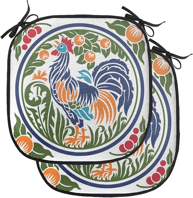 Lunarable Gallus Chair Cushion Pads Set of 2, Rooster Earth Fruit Growth Harvest Dandelion Vegetables, Anti-Slip Seat Padding for Kitchen & Patio, 16"x16", Olive Green Night Blue