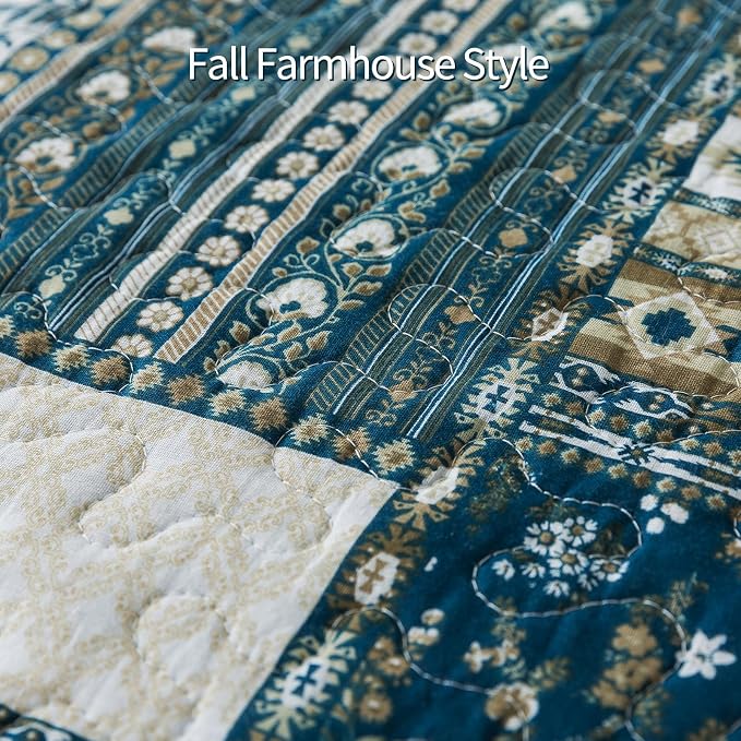 BEDIFANY Cotton King Size Quilt Set, Lightweight Bedspread King Size Coverlet Boho King Quilt, Soft Farmhouse King Quilt Bedding Sets for Bed Decorations for All Seasons (3 Pieces, Blue)