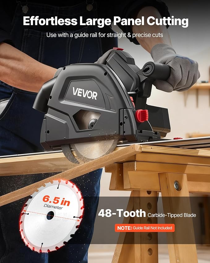 VEVOR Track Saw, 6-1/2-Inch, Plunge-Cut Circular Saw Kit, Tracksaw with 48-Tooth Carbide-Tipped Blade, 0-45° Angle Adjustment, 2.16 in Cutting Depth, for Wood, Plastic, Guide Rail Not Included, Black