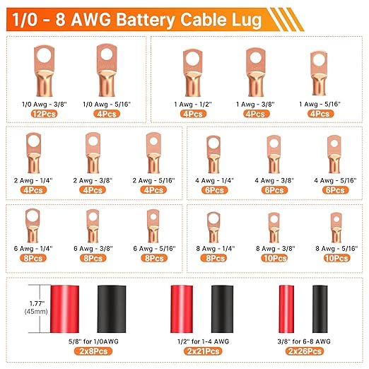 Kuject Battery Cable Lug Crimping Tool Kit with Copper Wire Lug AWG 1 2 4 6 8 1/0 Gauge, Wire Crimper for AWG 10-1/0 with Cable Cutter, 110PCS Battery Cable Ends with 110PCS 3:1 Heat Shrink Tubing