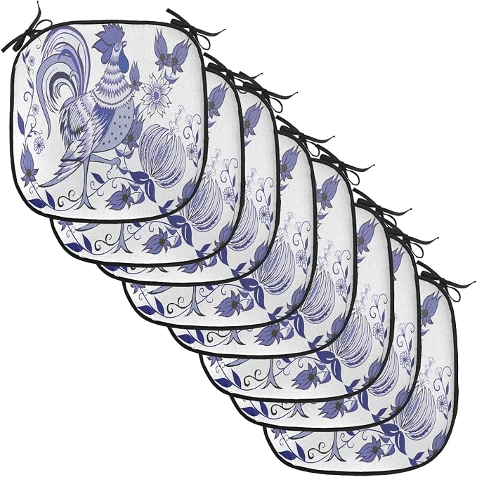 Lunarable Gallus Chair Cushion Pads Set of 8, Floral Pattern with Flowers and Birds Feathers Wings Leaf Ornament Folk Art, Anti-Slip Seat Padding for Kitchen & Patio, 16"x16", Violet Blue White