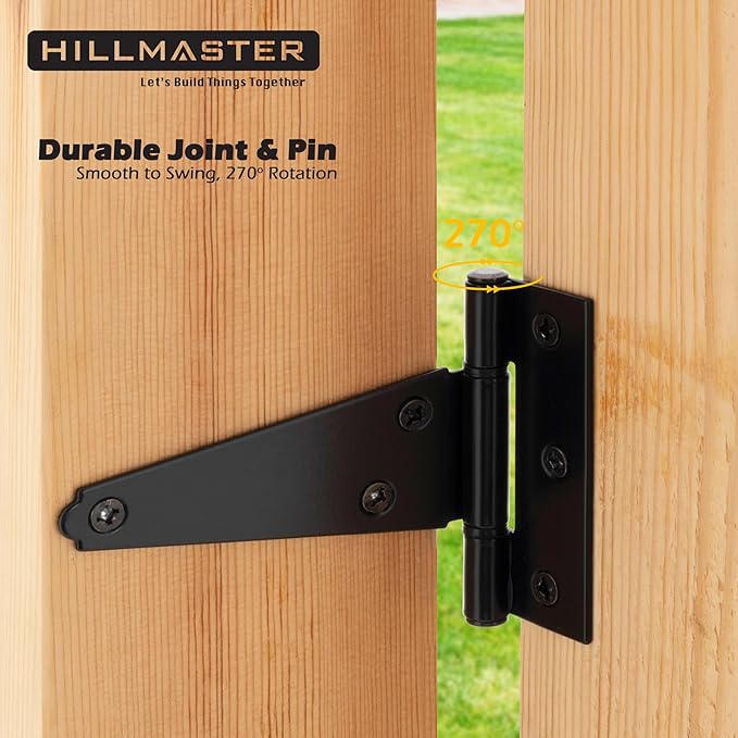 HILLMASTER 4 Inch T-Strap Hinges Shed Window Door Hinges Gate Strap Hinges Heavy Duty Black Tee Hinge Wrought Gate Hardware Post Small T Hinges for Wooden Fences,Shutter,Yard,Barn Door,Outdoor(4 Pack)
