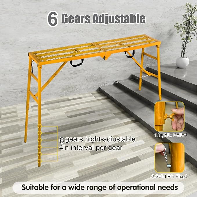 LEADALLWAY Scaffolding Platform 70"(L) x15(W) x33(H) 770 Lbs Capacity Portable Adjustable Work Platform Scaffolding Ladder,Yellow