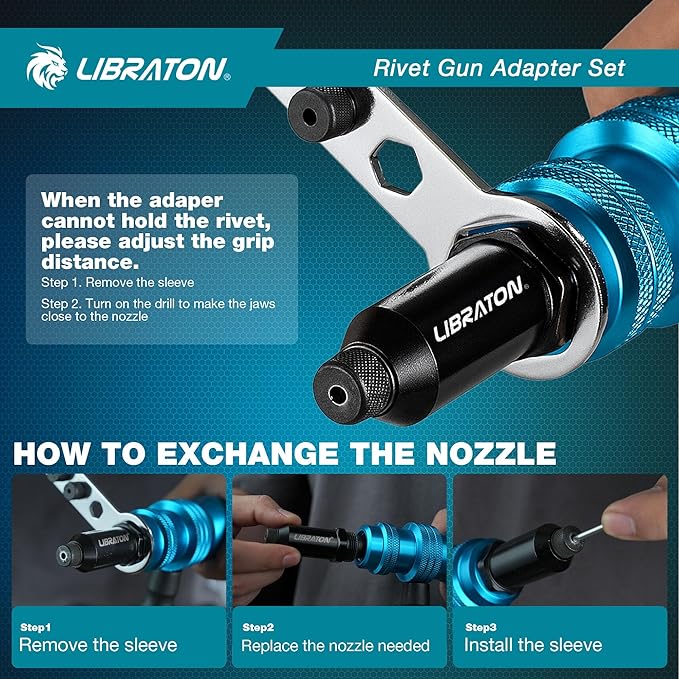 LIBRATON Rivet Gun Adapter, Rivet Gun Adapter for Electric Drill, Rivet Drill Attachment, for Cordless Electric Power Drill, with Handle, Easy Processing for Pop Rivets, 3/32" 1/8" 5/32" 3/16"