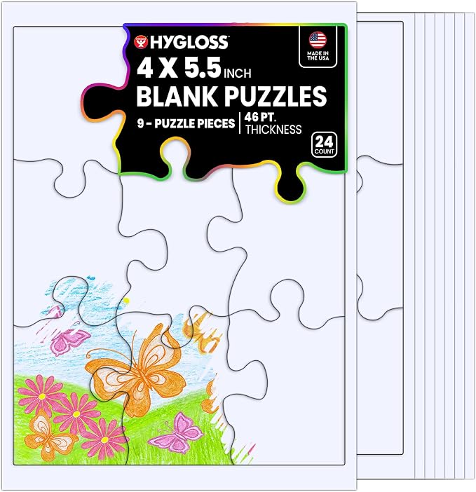 Hygloss 24 Blank Jigsaw Puzzles – 4 x 5.5 Inch, 9 Pieces Each – DYI Party invites, Perfect for Decorating, Kids' Activities, Arts & Crafts or Party Favors - Puzzle Pieces to Draw On for Crafts