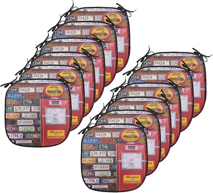 Lunarable Americana Chair Cushion Pads Set 12, Various Old American License Plates Behind Antique Gas Pump in Rural Utah, Anti-Slip Seat Padding for Kitchen & Patio, 16"x16", Red Multicolor