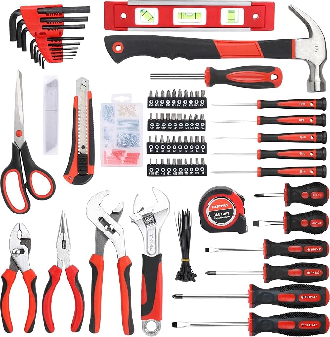 FASTPRO 220-Piece Home Tool Set, Household Repairing Tool Kit, Red