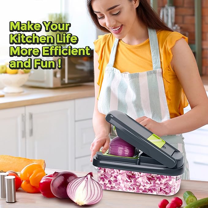 Yusshn Vegetable Chopper,12-in-1 Multifunctional Food Chopper,Professional Onion Chopper with 7 Blades,Vegetable Cutter with Container for Salad,Potato,Carrot,and Garlic; Essential Kitchen Tool(Grey)