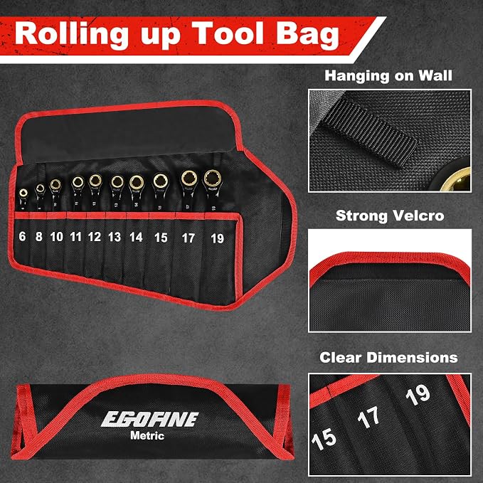 Egofine Ratcheting Wrench Set 10 Piece, Metric Wrench Set, CR-V Steel 6-19mm Wrench, 72-Teeth Combination wrench set, Black Electrophoretic Coating Ratchet Wrenches Set with Tool Roll Bag