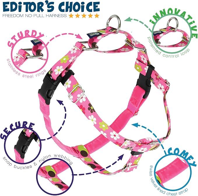 2 Hounds Design - Freedom No-Pull Harness & Training Leash in Pink Daisy | Dual Leash Loops, No Pulling on Walks | Lined to Prevent Chaffing | for Large Sized Dogs (Size L, Chest 28”- 32”)