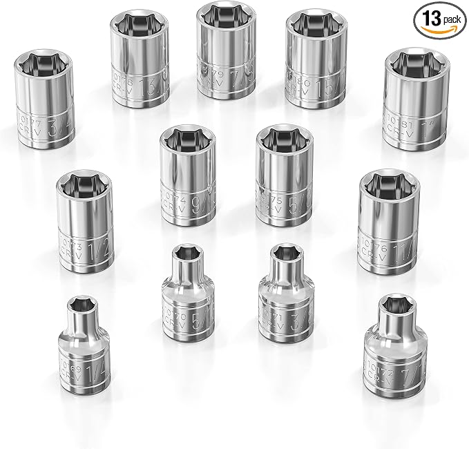 Olsa Tools 3/8-Inch Drive SAE Deep Socket Set - 13pc | 6-Point Chrome Vanadium Sockets, 1/4" to 1", No Skipped Sizes - Professional-Grade SAE Socket Sets - Part: 1333