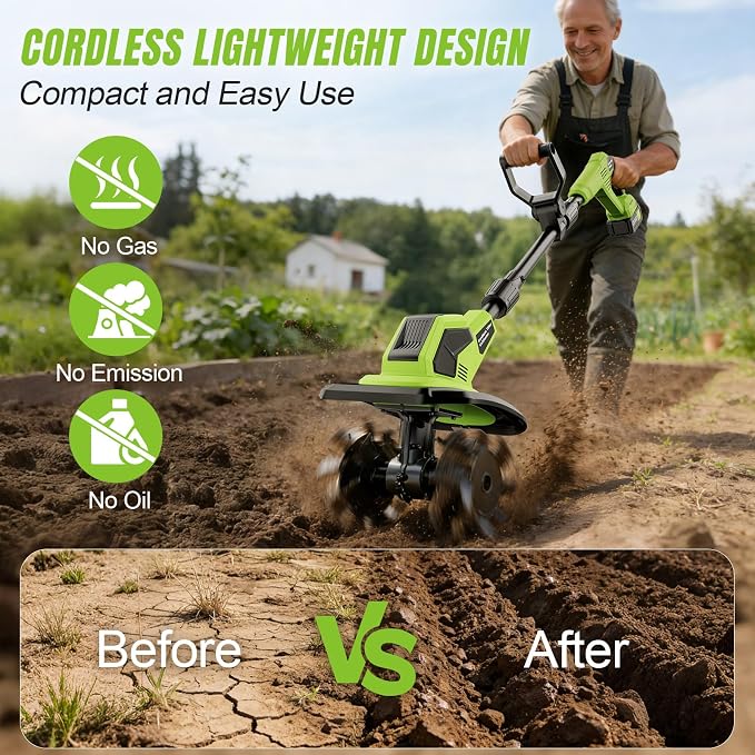 6000mAh Cordless Rototiller Tiller for Gardening,20v Battery Powered Electric Garden Tiller Cultivator,9" Width 7" Depth,Lightweight Small SoilTiller for Cultivating/Lawn/Garden Tool (Green)