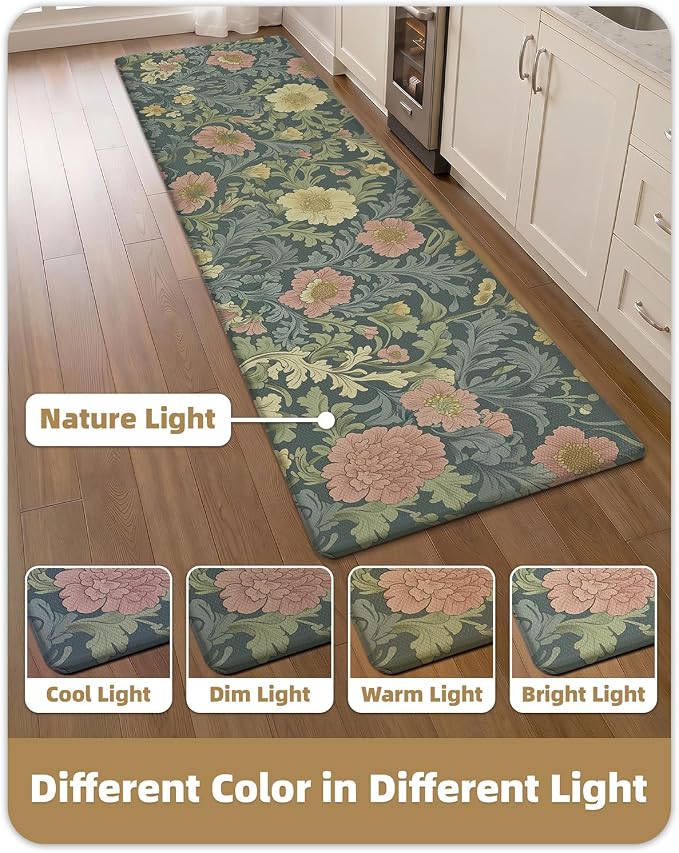 Color&Geometry Floral Kitchen Mat 24"x87", Anti Fatigue Kitchen Mats for Floor, Kitchen Rugs Non Slip, Waterproof & Oil Proof Padded Runner for Standing Desk Office, Sink - Sage Green