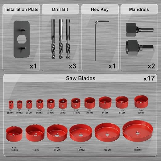KATA 24PCS Hole Saw Kit, Hole Saw Set with 3/4"-6" (19-152mm) Saw Blades, Multi-Size Hole Cutter Drill Bits, Mandrel in Case, Clean Cutting Holesaw for Soft Wood, Drywall, Plywood, PVC, Plastic, Red