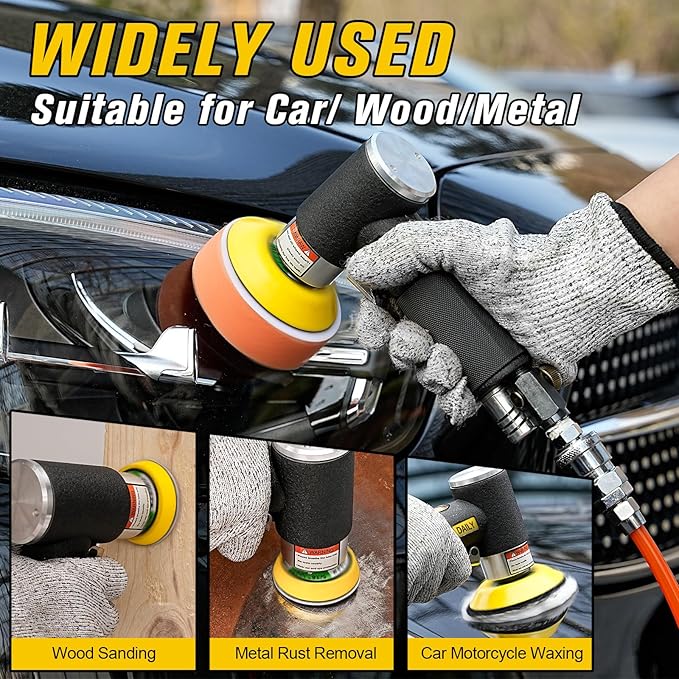 SI FANG 1'' 2'' 3'' Mini Random Orbital Air Sander Kit, High Speed Pneumatic DA Sanders Polisher for Auto Body Work, Includes 27Pcs 1/2/3in Polishing Sponge & Wool Pads, 15Pcs Sandpapers (Black)