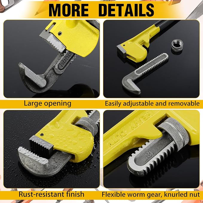 6 Piece Heavy Duty Pipe Wrench Set - 8", 10", 12", 14", 18", 24", Adjustable Chrome Vanadium Steel Plumbing Wrench Set with Soft Handle & Gloves for Plumbers, Pipeline, Auto Repair(Yellow)