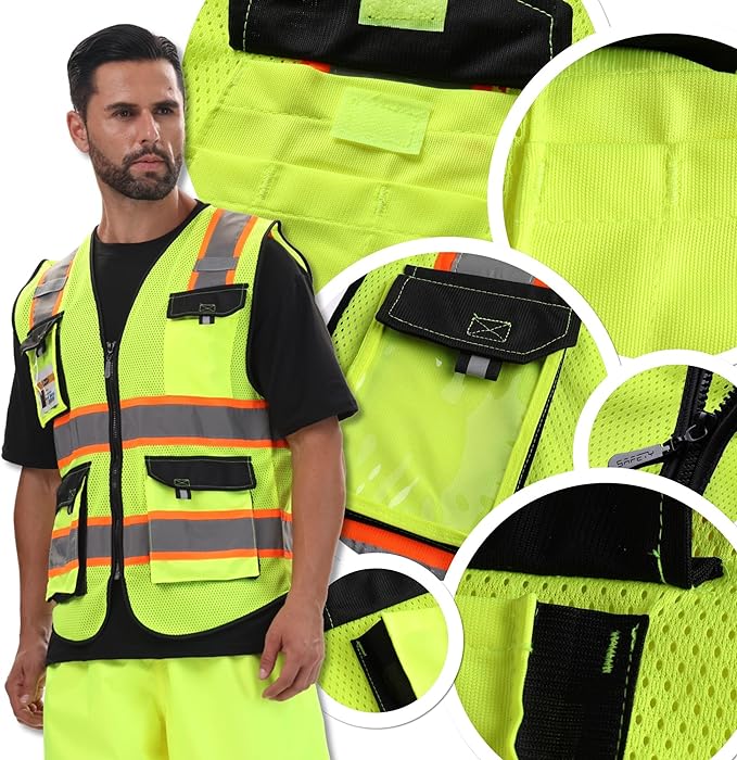 JKSafety Hi Vis Reflective Safety Vests for Men Women High Visibility Vest with Pockets Mesh Fabric Construction Safety Apparel Neon Vest for Work (220-Yellow 5XL)