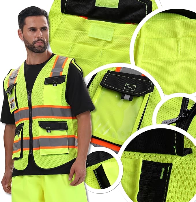 JKSafety Hi Vis Reflective Safety Vests for Men Women High Visibility Vest with Pockets Mesh Fabric Construction Safety Apparel Neon Vest for Work (220-Yellow M)