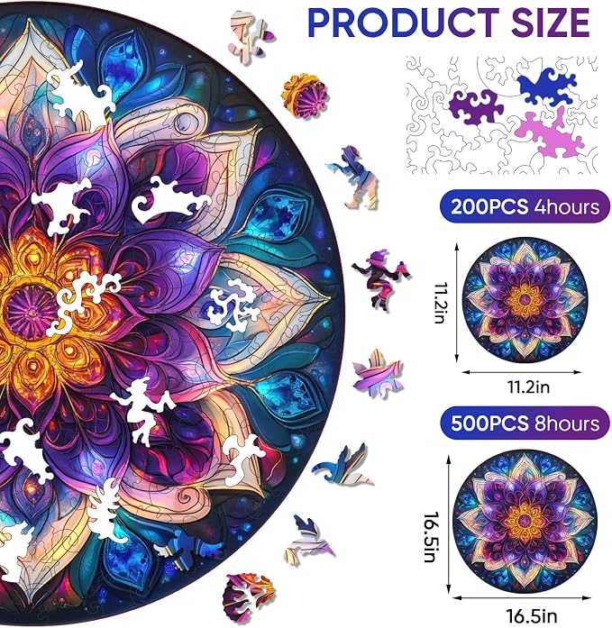 Delobil Jigsaw Puzzles for Adults, Colorful Mandala Flower Wooden Puzzles 200 Pieces, Geometric Art Blue Round Jigsaw Puzzles for Adults and Kids, Family Puzzle Games Gift 11.2 * 11.2
