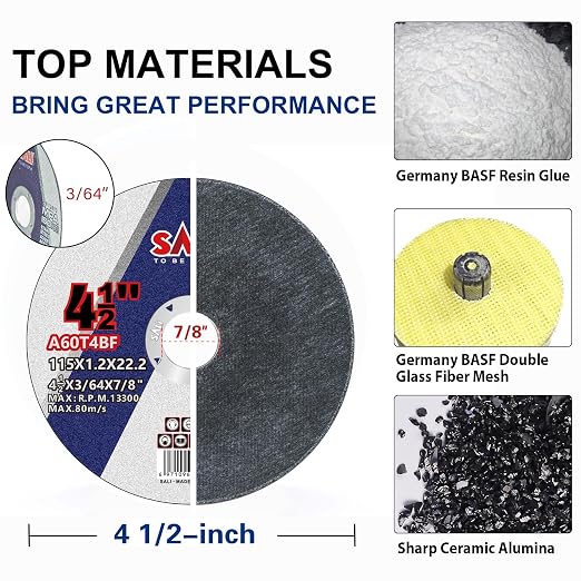 SALI 100 Pieces Cutting Disc Cut Off Wheel 4 1/2x 3/64 x 7/8" Cutting Wheels 4-1/2" Inch for Metal & Stainless Steel, Applies to 4.5 Angle Grinder Cutting Wheel Aggressive Cutting