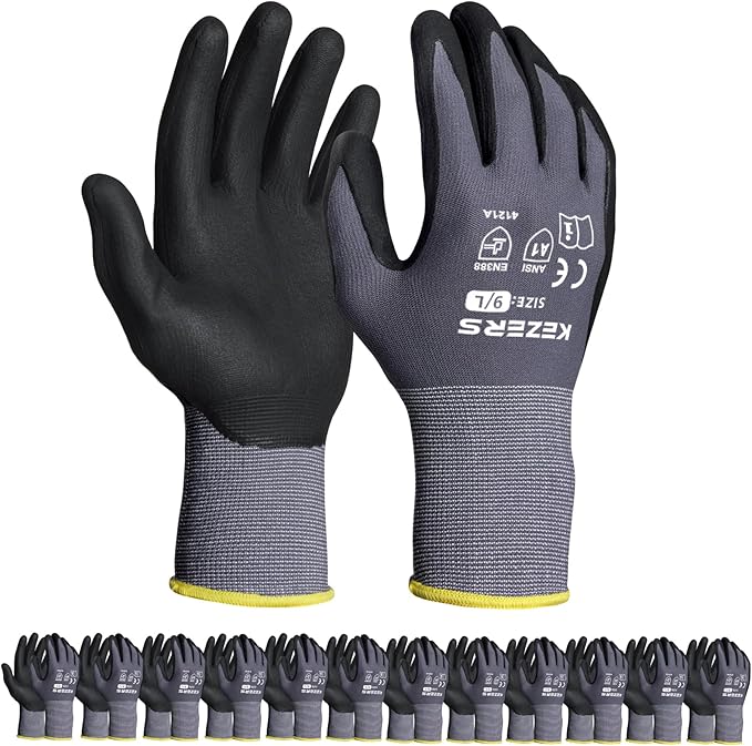 KEZERS Work Gloves with Nitrile Coat Micro Foam Grip on Palm and Fingers,12Pairs,Seamless Knit Nylon Gloves,Home Improvement