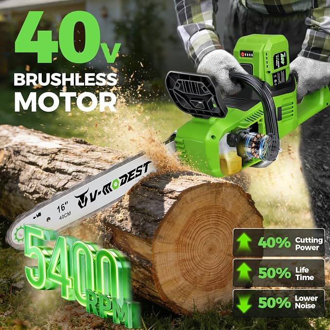40V Battery Chainsaw 16 Inch with 2×6.0Ah Batteries & Charger | Brushless Cordless Electric Chainsaw with Tool-Free Tension, Auto Oiling for Homeowners, Storm Cleanup & Firewood Cutting