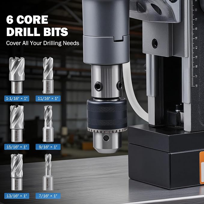 ZELCAN Mag Drill Press with 6 Core Drill Bits, 1550W Magnetic Drill with 2" Boring Dia Reverse Drilling, 2922lbf Portable Electric Magnet Drill with Stepless Speed for Metal Surface Industrial Home