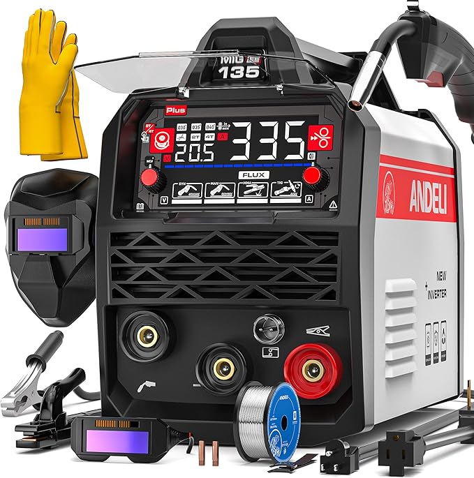 ANDELI 135A MIG Welder 110V/220V, PULSE Flux Core MIG/Lift Tig/Stick 3-in-1 Gasless MIG Welding Machine with Synergy，Large LED Display,2T/4T Full Kit (Bonus Welding Helmet & Gloves)
