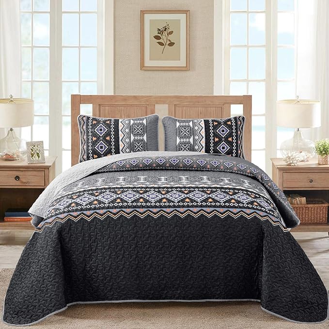 WONGS BEDDING Boho Quilt Set King,Black Grey Bedspread Coverlet Set with 2 Pillowcase,Lightweight Geometry Printed Bohemian Bedding Set 104''×90''