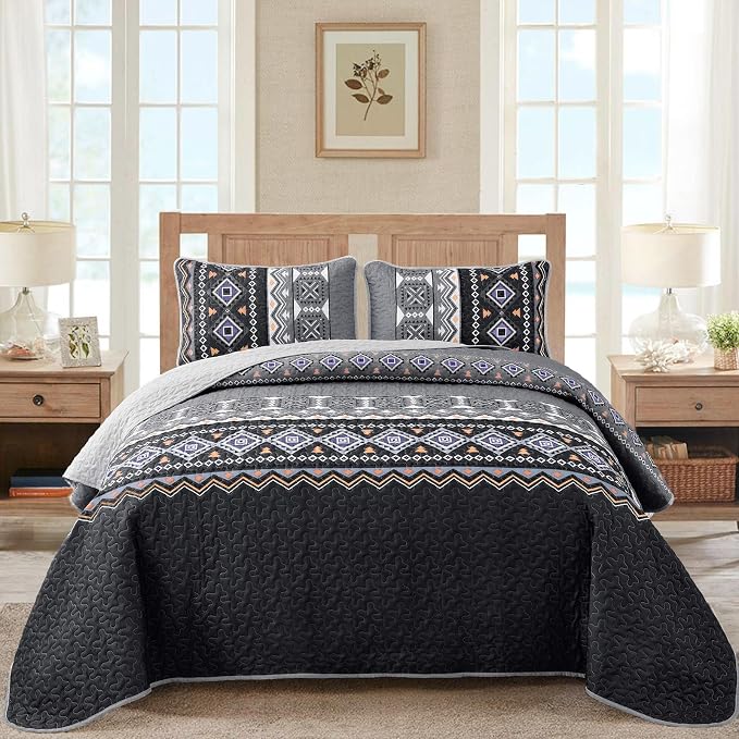 WONGS BEDDING Boho Quilt Set Queen,Black Grey Bedspread Coverlet Set with 2 Pillowcase,Lightweight Geometry Printed Bohemian Bedding Set 96''×90''