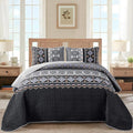 WONGS BEDDING Boho Quilt Set Queen,Black Grey Bedspread Coverlet Set with 2 Pillowcase,Lightweight Geometry Printed Bohemian Bedding Set 96''×90''