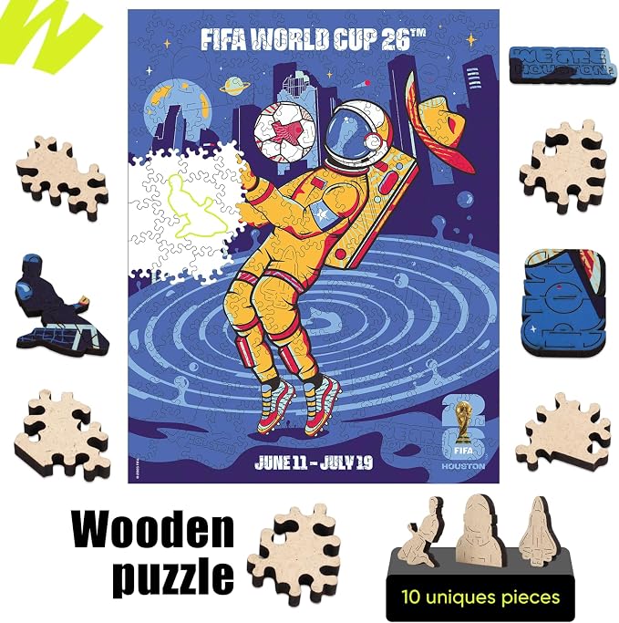 FIFA World Cup 2026 City Puzzle Houston City Poster - Wooden Puzzle for Adult, 200 Pieces Unique Shape Puzzle, 5MM Thick, Creative Collectible Gift for Fans, Officially Licensed Product, 9.3x11.8''