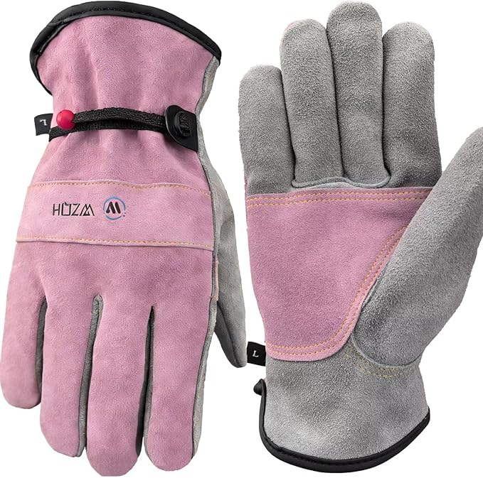 WZQH Leather Work Gloves for Men or Women. Medium Glove for Gardening, Tig/Mig Welding, Construction, Chainsaw, Farm, Ranch, etc. Cowhide, Cotton Lined, Utility, Firm Grip, Durable. Pink-Grey M