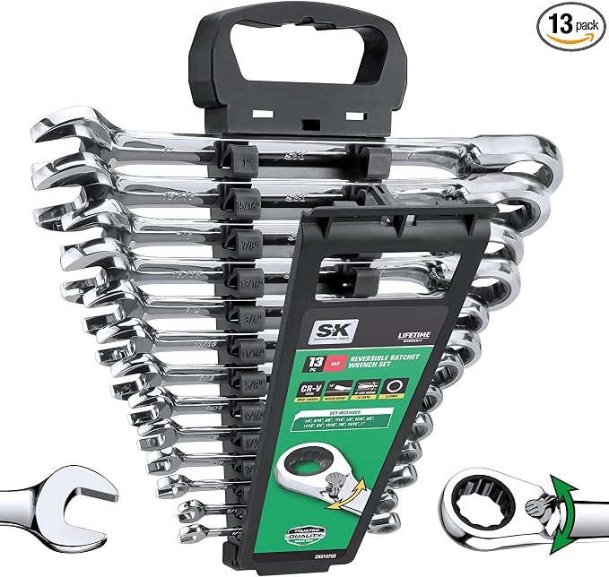 SK Reversible Ratcheting Combination Wrench Set, 13-Piece, SAE 1/4" to 1" | Ratchet Wrenches Set 72-Tooth, Chamfered Head Design, Premium CR-V Steel, with Rack Organizer