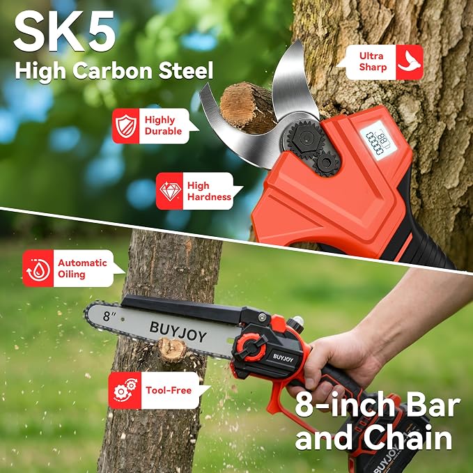 4-In-1 Electric Pruning Shears & Pole Saw Combo, 8 Inch Mini Chainsaw Cordless with 2×4.0 Ah Batteries, Extendable Tree Trimmer, 4 Modes Adjustable Branch Cutter for Garden Trimming (Red)