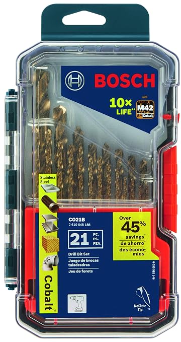 BOSCH CO21B 21-Piece Assorted Set with Included Case Cobalt M42 Metal Drill Bit with Three-Flat Shank for Drilling Applications in Stainless Steel, Cast Iron, Titanium, Light-Gauge Metal, Aluminum