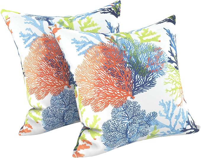 LVTXIII Outdoor/Indoor Throw Pillows, Decorative Throw Pillows with Inserts, 18"x18" Square Pillows for Bed, Couch, Sofa and Patio Furniture (Set of 2, Coral Multi)