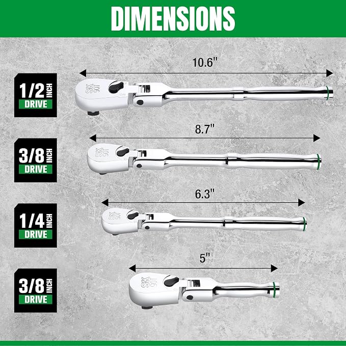 SK 4-Piece Flex Head Ratchet Set, 1/4", 3/8", 1/2" Drive, Swivel Ratchet | 90-Tooth, 3/8" Stubby Ratchet, Premium CR-V Steel, Reversible Design, with Contoured Handle