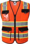 JKSafety Hi Vis Reflective Safety Vests for Men Women High Visibility Vest with Pockets Mesh Fabric Construction Safety Apparel Neon Vest for Work (220-Orange XL)