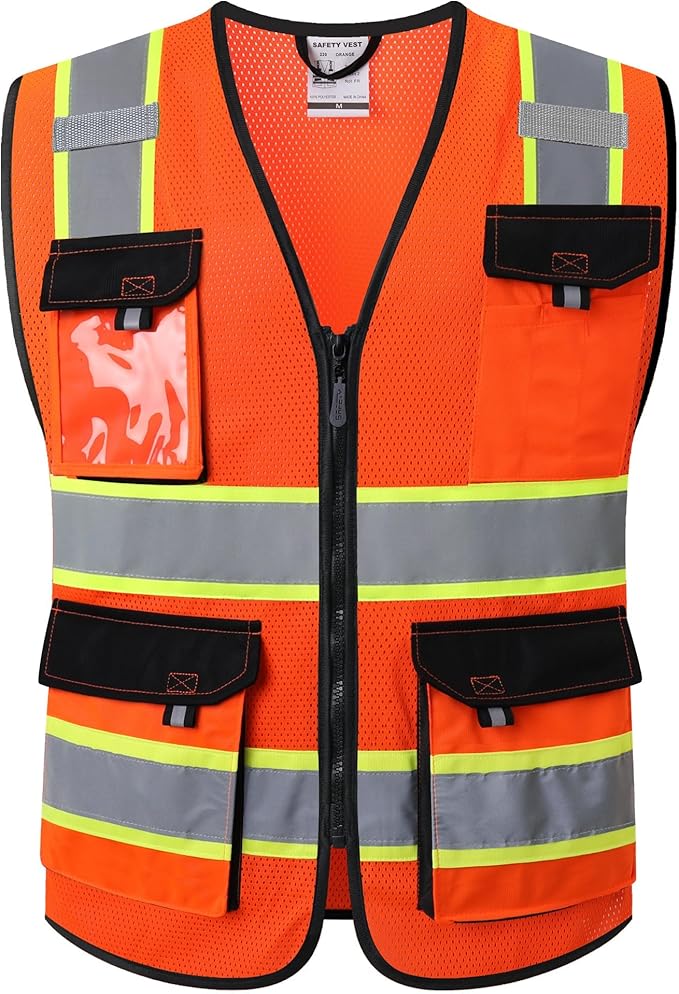 JKSafety Hi Vis Reflective Safety Vests for Men Women High Visibility Vest with Pockets Mesh Fabric Construction Safety Apparel Neon Vest for Work (220-Orange 3XL)