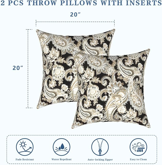 LVTXIII Outdoor Pillows 20x20 Inch, 2 Pack Large Decorative Square Throw Pillows with Inserts for Couch, Bed, Floor Seating, Patio Furniture, Paisley Black