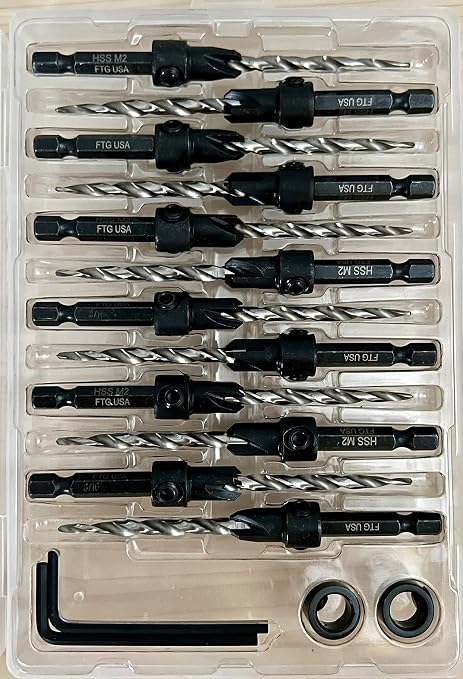 FTG USA 12 Pc #10 (3/16") Countersink Drill Bit Set with Depth Stop Collar, Hex Wrench - Tapered Drill Bits for Wood