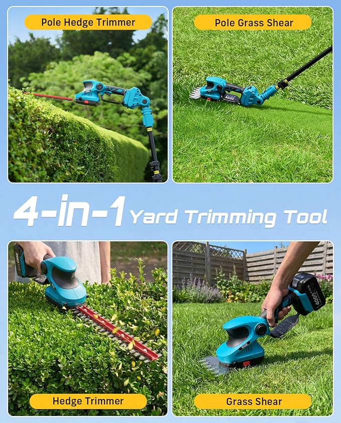 SEESII 4-in-1 Cordless Pole Hedge Trimmer: 20V 9-Ft Telescoping Shrub Trimmer & Grass Shear, 12" & 6'' Dual-Action SK5 Blades, 2 x 4.0Ah Batteries, Shoulder Strap for Tall Hedges & Lawn Edging